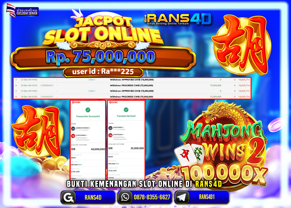 RANS4D JACKPOT SLOT MAHJONG WINS 2 RP 75.000.000; LUNAS