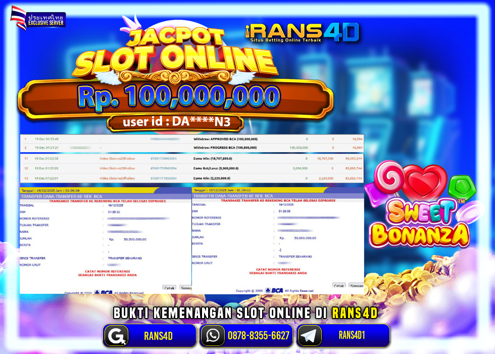 RANS4D JACKPOT SLOT SWEET BONANZA RP 100.000.000; LUNAS