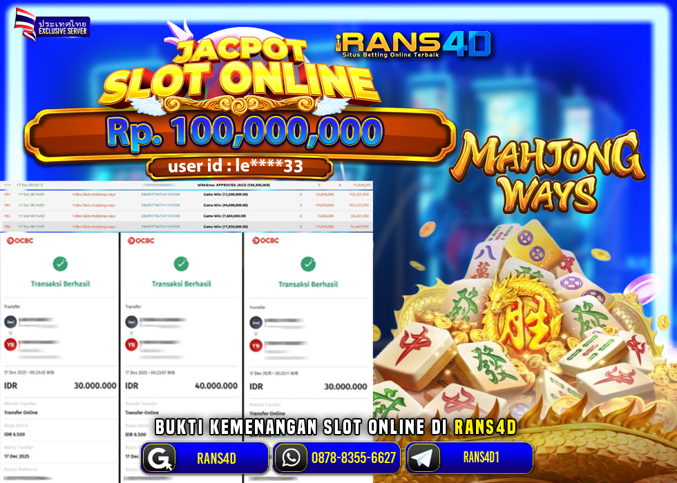 RANS4D JACKPOT SLOT MAHJONG WAYS 1 RP 100.000.000; LUNAS