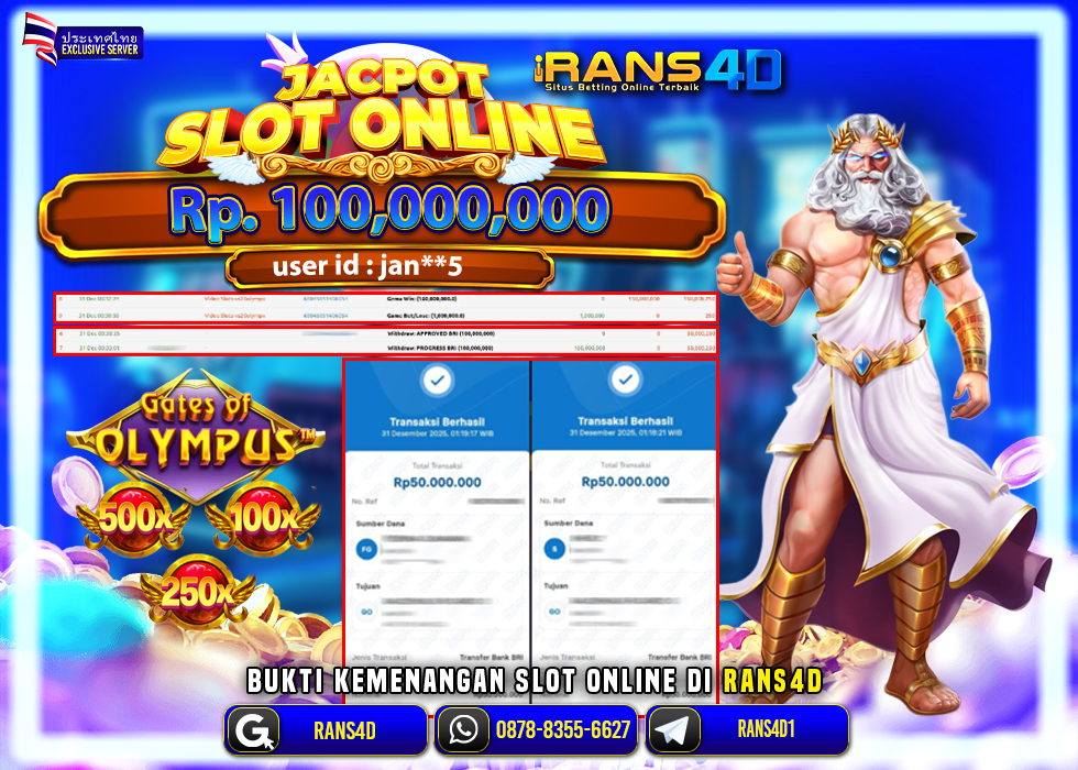 RANS4D JACKPOT SLOT GATES OF OLYMPUS RP 100.000.000; LUNAS