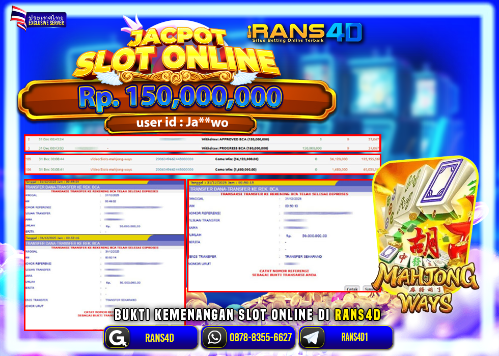 RANS4D JACKPOT SLOT MAHJONG WAYS RP 150.000.000; LUNAS