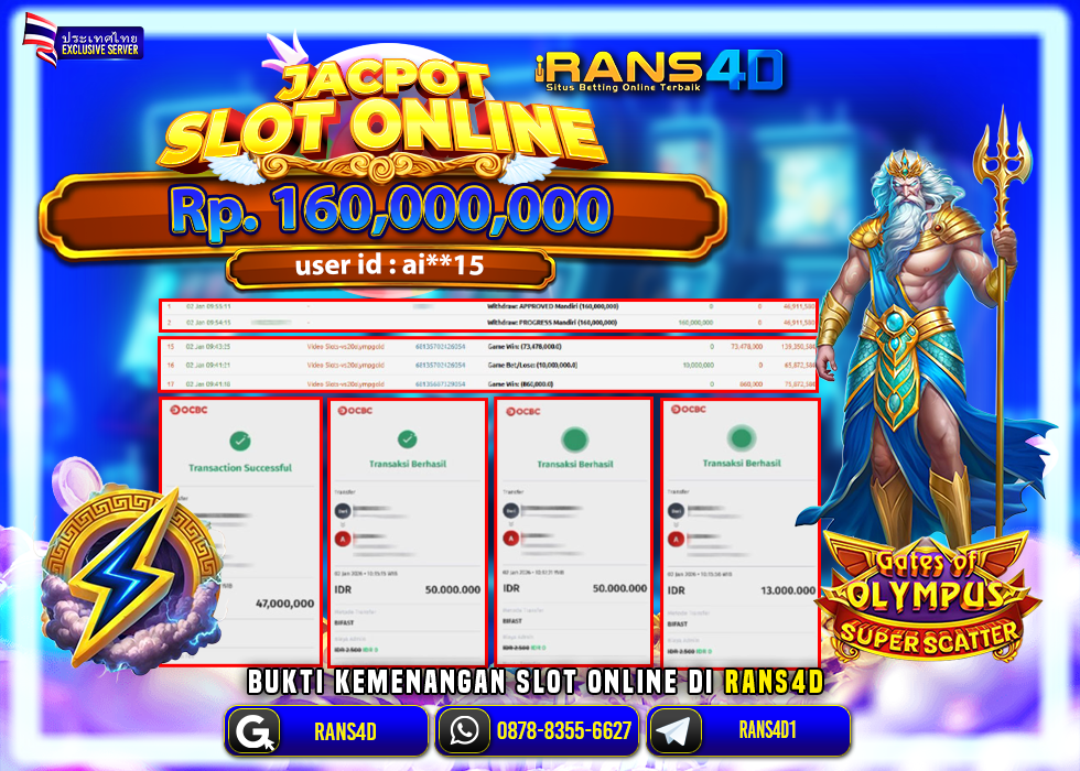 RANS4D JACKPOT SLOT GATES OF OLYMPUS SUPER SCATTER RP 160.000.000; LUNAS
