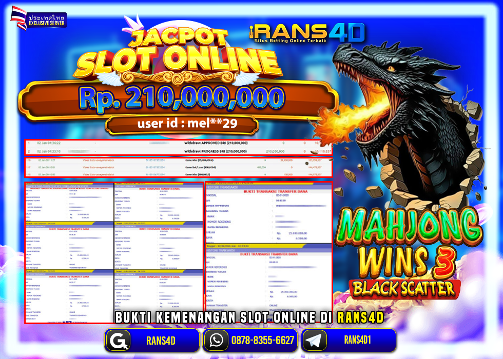 RANS4D JACKPOT SLOT MAHJONG WINS 3 BLACK SCATTER RP 210.000.000; LUNAS